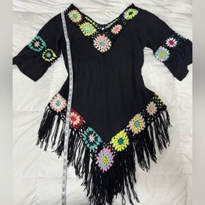 Cover up 👙Black Fringe Tunic with Colorful Crochet Accents (Medium )